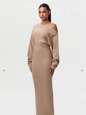 naked wardrobe Tan One-Shoulder Knit Maxi Dress